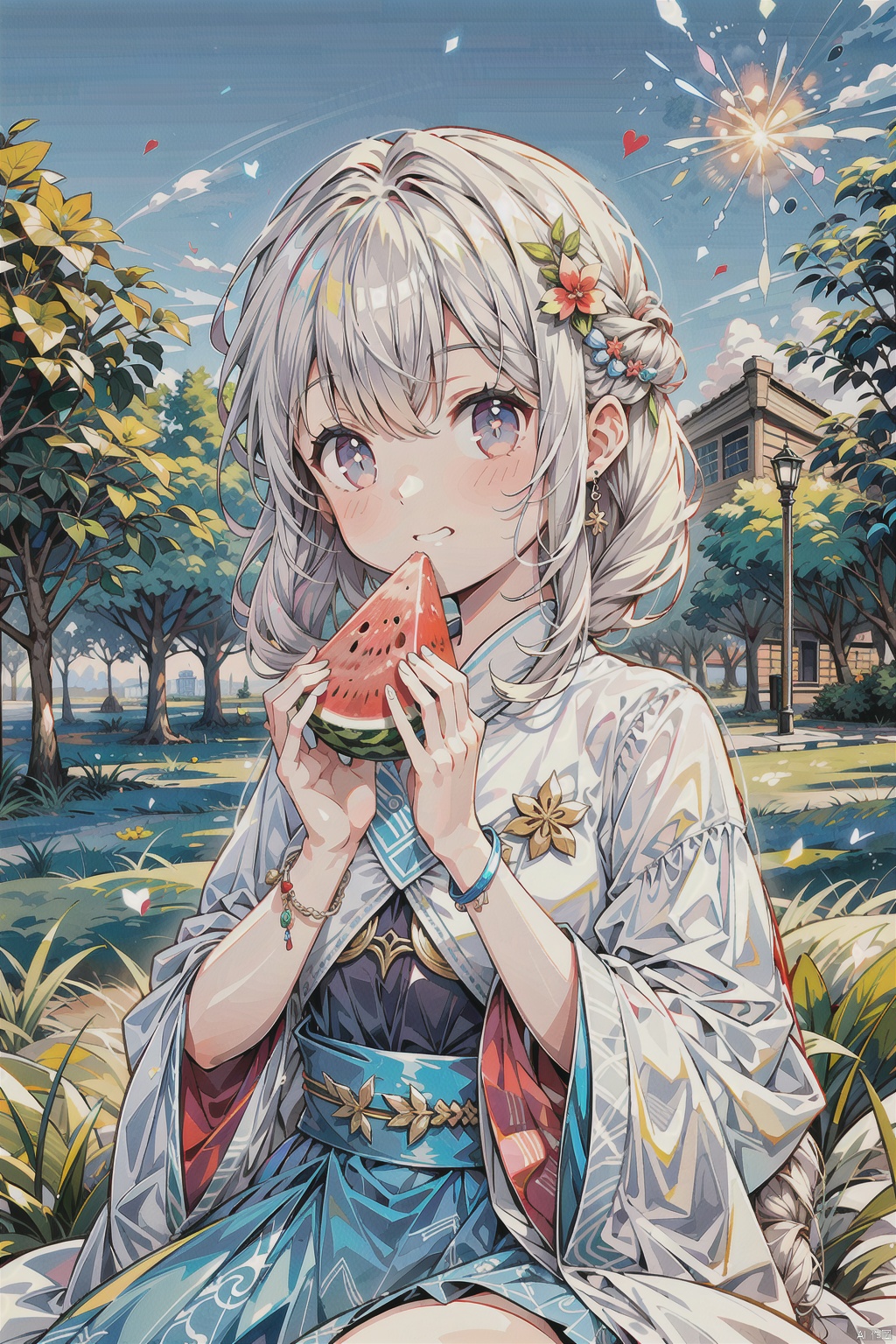  absurdres,absurdres,realistic,full_shot,(1girl:1.6), Eating watermelon, hand101, chinese style，1 girl，cat ear, white hair,long hair, blue eyes, summer night,At night, fireworks background
