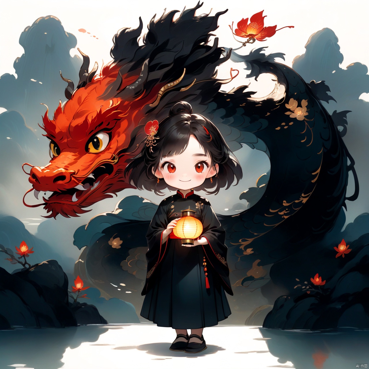  A girl in traditional Chinese black clothing ,a red dragon behind her, dradon,gold eyes,
Chinese style, guofeng,A good girl holds a lantern ,smiles. goldfish around