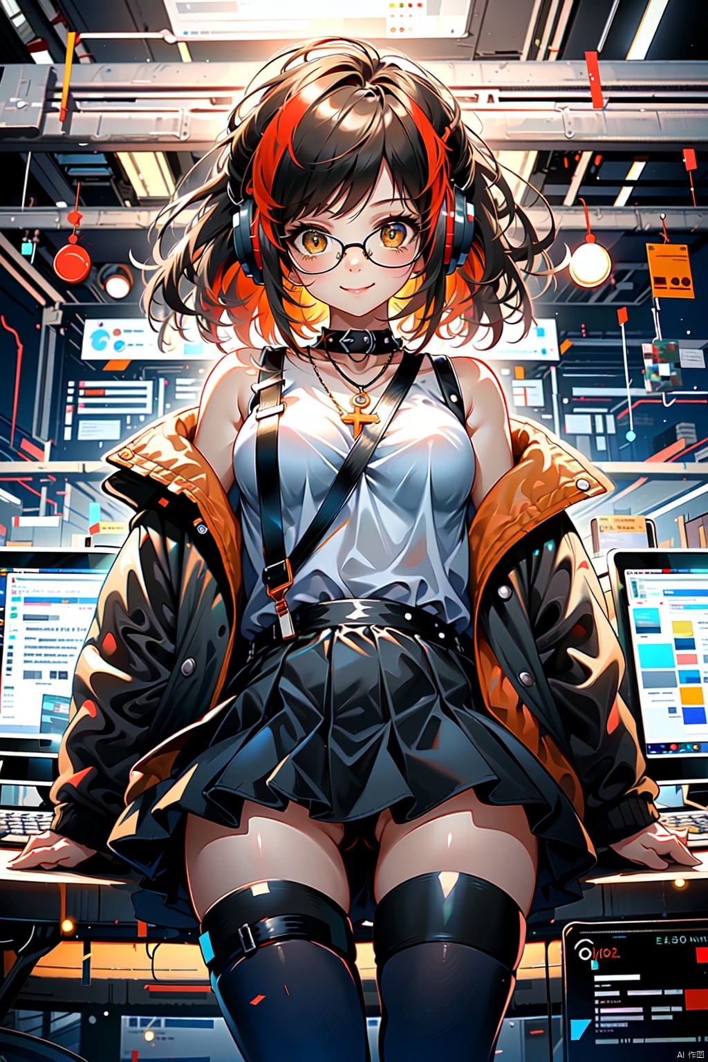  1 girl，In front of the computer, fire red Hair,Golden pupils, golden eyes, black-rimmed glasses, headphones hanging around the neck, cold eyes, smiling mouth, double ponytails, double braided hair, big bow, Cyberpunk style, suspender jacket, off-the-shoulder, leather pleated skirt, black over-the-knee socks, rivet boots, holding glasses by hand,