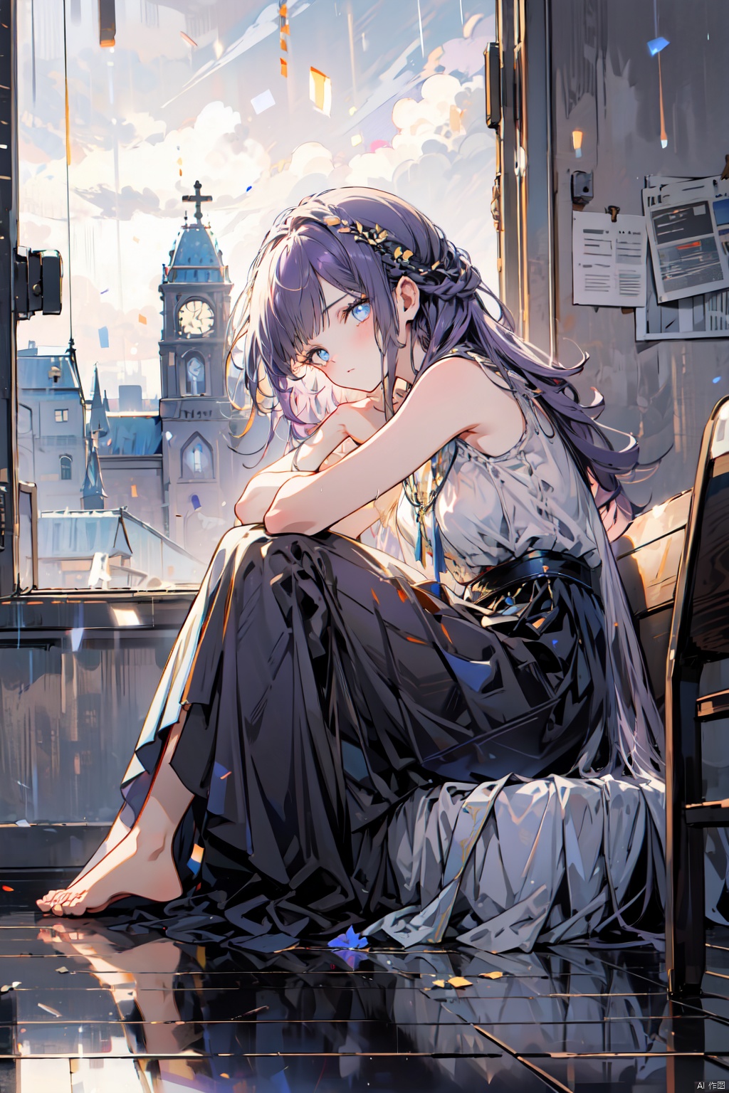  1 girl，l purple hair, gold pupils, blue eyes on the side of the head, sitting posture,Sitting by the window, leaning against the window, indoor background, Abandoned church,window, rainy day, reflection, night,Sleeveless, long black dress, barefoot, staring out of the window.High-quality, clear and correct human body