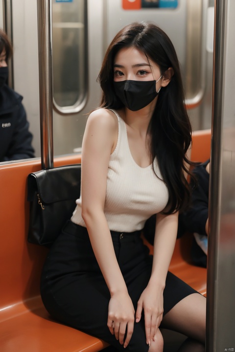  masterpiece,ultra realistic photography,photorealistic, 8k, 1girl, (sitting on subway seat:1.3), (black mask:1.3), soft knitted top, long hair, from front