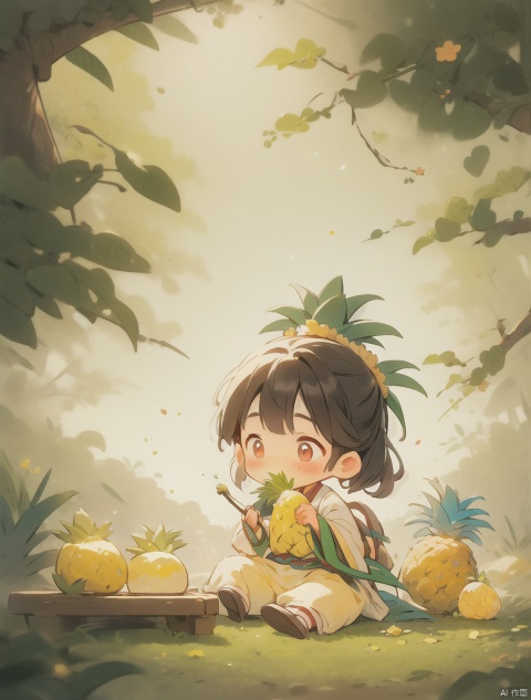  Ancient children ate Pineapple under the tree.