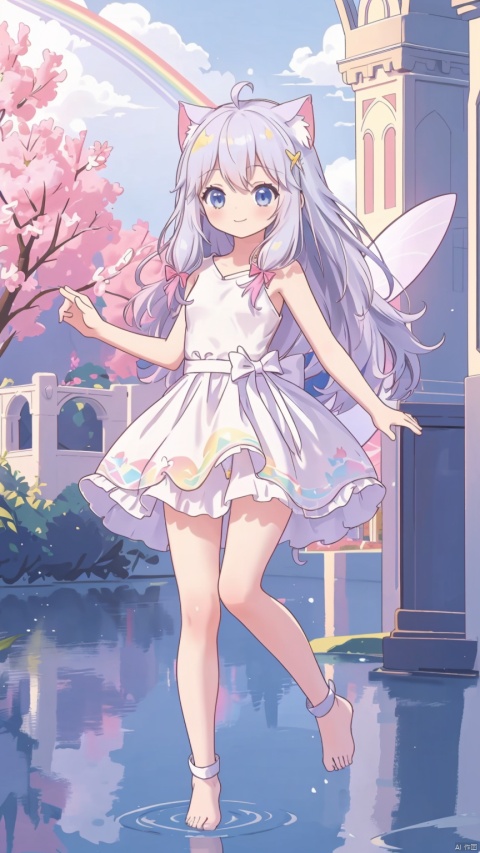  (masterpiece, highly detailed, fantasy setting), a digital artwork depicting a captivating scene of a white-haired loli cat girl, dressed in a pure white gown, gracefully adorned with delicate lace and ribbons, (playful expression:1.2), radiating innocence and joy, (dreamy atmosphere:1.1), enveloping the scene in a magical aura, (fairy tale castle:1.2), towering in the background with its majestic spires, (rainbow bridge:1.3), spanning across a shimmering river, painted with vibrant hues, (whimsical ambiance:1.1), evoking a sense of wonder and enchantment, (graceful pose:1.2), showcasing the cat girl's elegant and fluid movements, (subtle lighting:1.1), casting a soft glow on the surroundings, capturing the essence of a white-haired loli cat girl in a mesmerizing fairy tale setting, dancing gracefully on the rainbow bridge amidst the splendor of the castle, inviting viewers to immerse themselves in a world of magic and whimsy.，nude，Totally naked，Naked，Strip naked，smile
