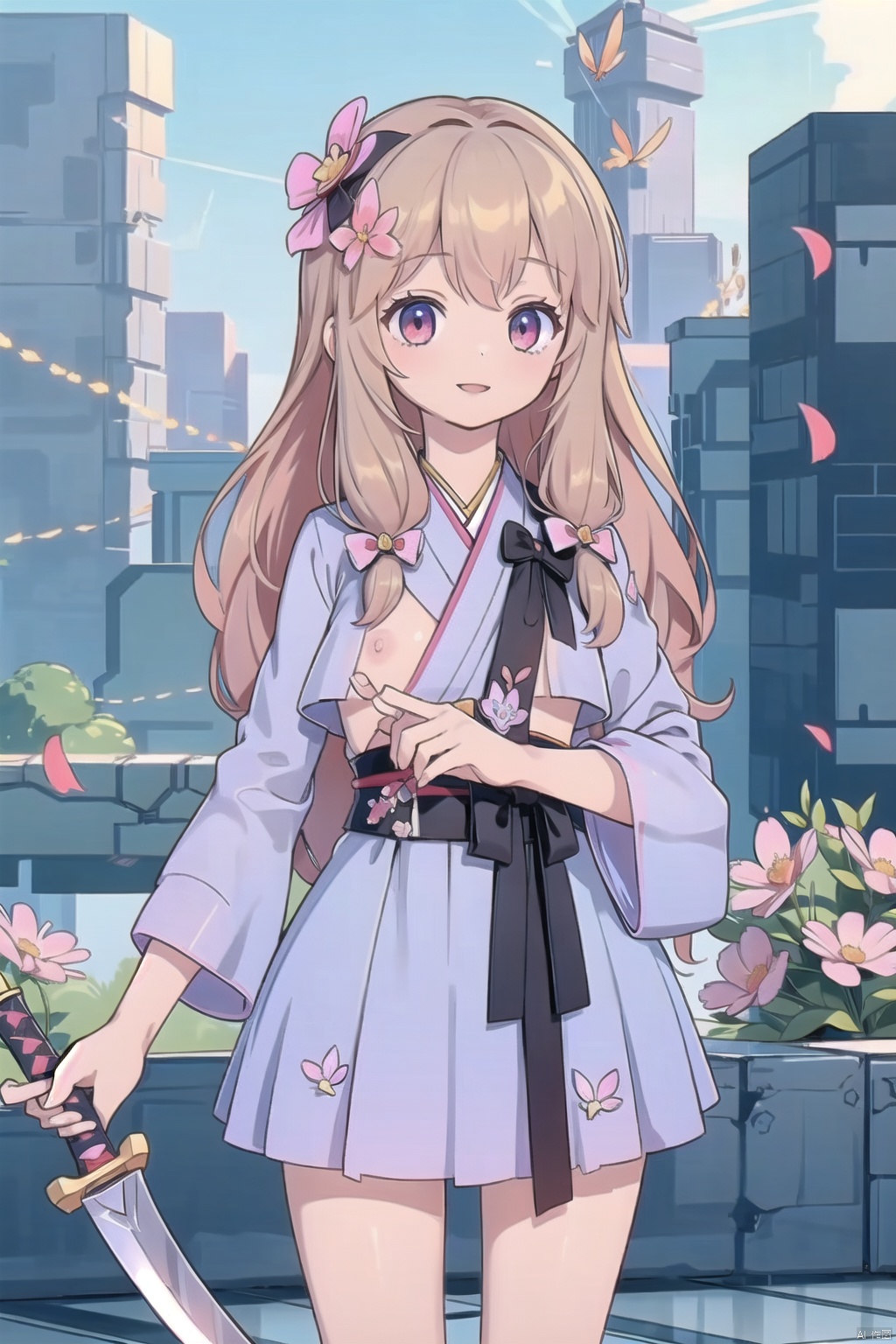  1girl, solo, long_hair, looking_at_viewer, smile, bangs, skirt, long_sleeves, holding, standing, weapon, flower, cowboy_shot，Nipple，Total body detachment， parted_lips, japanese_clothes, sword, wide_sleeves, kimono, holding_weapon, holding_sword, katana, bug, white_flower, cherry_blossoms, red_flower, butterfly, sheath, pink_flower, yellow_flower, orb, orange_flower, peony_\(flower\)，nude,Totally naked，Nipple，Vagina