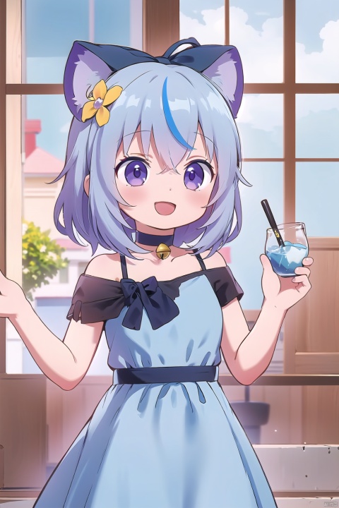  1girl, solo, looking_at_viewer, blush, smile, short_hair, open_mouth, bangs, blue_eyes, hair_ornament, dress, bow, holding, animal_ears, bare_shoulders, blue_hair, standing, purple_eyes, flower, white_hair, :d, hair_bow, multicolored_hair, choker, indoors, virtual_youtuber, off_shoulder, white_dress, blurry, two-tone_hair, cup, streaked_hair, wrist_cuffs, window, bell, depth_of_field, blue_bow, holding_cup, drinking_glass, blue_flower, blue_theme, stairs, off-shoulder_dress, eyesseye