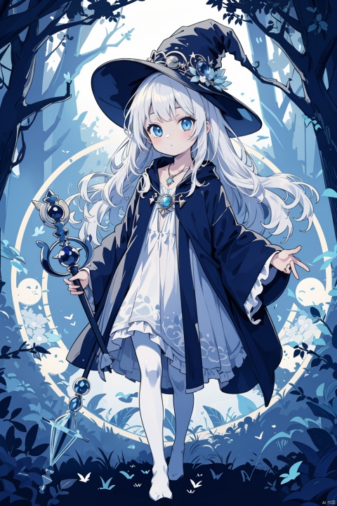  1girl,(flat color,limited palette,low contrast:1.2),(magic circle:1.2),Gorgeous,Elegant,Bohemian style,1girl,loli,((catgirl)),Magician,Warlock,(Staff), lace Magic Robe,(Sapphire Necklace),White Hair,very long hair,blue eyes,Wizard Hat,(Raven),Forest Mountain Background,looking at viewer,\nmasterpiece,best quality,high quality,highres,absurdres,printing,eyesseye, backlight, colors, white pantyhose，nude