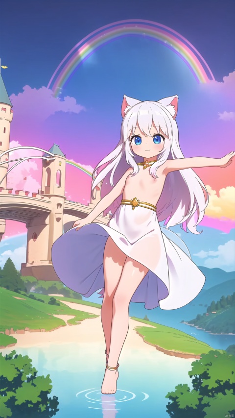  (masterpiece, highly detailed, fantasy setting), a digital artwork depicting a captivating scene of a white-haired loli cat girl, dressed in a pure white gown, gracefully adorned with delicate lace and ribbons, (playful expression:1.2), radiating innocence and joy, (dreamy atmosphere:1.1), enveloping the scene in a magical aura, (fairy tale castle:1.2), towering in the background with its majestic spires, (rainbow bridge:1.3), spanning across a shimmering river, painted with vibrant hues, (whimsical ambiance:1.1), evoking a sense of wonder and enchantment, (graceful pose:1.2), showcasing the cat girl's elegant and fluid movements, (subtle lighting:1.1), casting a soft glow on the surroundings, capturing the essence of a white-haired loli cat girl in a mesmerizing fairy tale setting, dancing gracefully on the rainbow bridge amidst the splendor of the castle, inviting viewers to immerse themselves in a world of magic and whimsy.，nude，Totally naked，Naked，Strip naked
