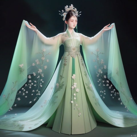 Stunning Chinese Hanfu wedding dress design, no one, no hands, Slim, conceptual design, embroidered with translucent crystal wings, the flowers are as bright as diamonds, dragging a two-meter-long air skirt, It's beautiful, Noble, light green, Amazing, Octane, Surreal, Exquisite, 3D rendered, surreal