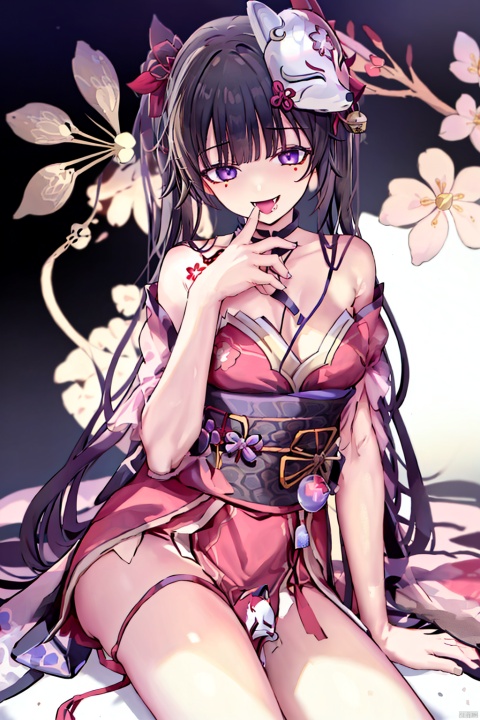  (masterpiece, extremely detailed 8k wallpaper,best quality), (best illumination, best shadow, extremely delicate and beautiful), finely detail, Depth of field (bloom), huahuo, 1girl, single_glove, mask on head, sash, black hair, twintails, purple eyes, obi, (fox mask:1.1), single glove, japanese clothes, (Cherry blossom tattoo, chest tattoo:1.1), finger_on_lips, naughty_face, happy_face, laughing, looking_at_viewer, arm_crossed, skinny, cowboy_shot, sitting, 