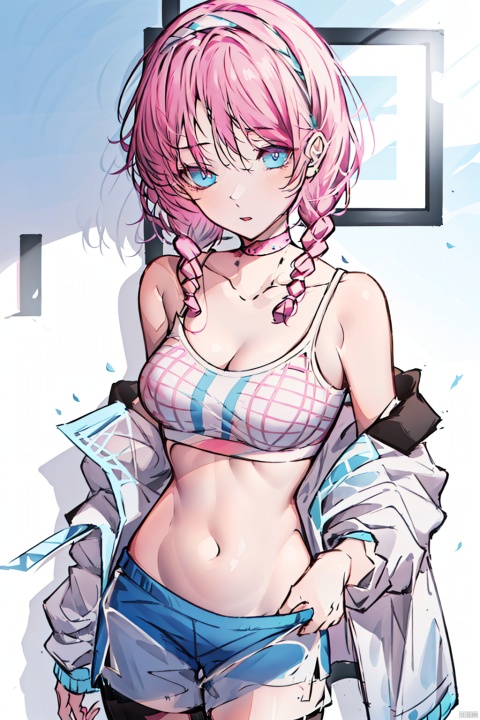  (masterpiece, extremely detailed 8k wallpaper,best quality), (best illumination, best shadow, extremely delicate and beautiful), finely detail, Depth of field (bloom), 1girl, solo, blue_poison, long_hair, pink_hair, twin_braids, blue_eyes, hairband, pink_choker, sports_bra, spaghetti_strap, cleavage, collarbone, open_jacket, bare_shoulders, crop_top, navel, short_shorts, legwear_under_shorts, jy, sketch style