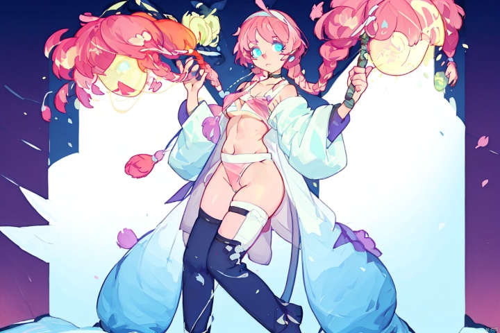  (masterpiece, extremely detailed 8k wallpaper,best quality), (best illumination, extremely delicate and beautiful), finely detail, Depth of field (bloom), 1girl, solo, full_body, thick-thighs, thighhighs, pajamas, hoodie, loli, cosplay, 2qhuafeng, blue_poison, long_hair, pink_hair, twin_braids, blue_eyes, hairband, pink_choker, littlefat, laying_in_bed, underboob,