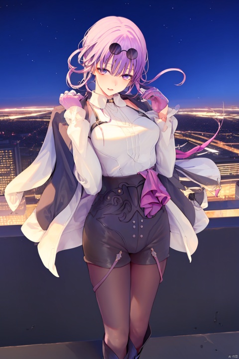  (masterpiece, extremely detailed 8k wallpaper,best quality, good_hand, nice_hand, 5_fingers), (best illumination, extremely delicate and beautiful), finely detail, PIXIV, 1girl, solo, JIMA, kafuka, 1girl, solo, gloves, pantyhose, purple hair, sunglasses, eyewear on head, large breasts, white shirt, black short, black footwear, boots, bangs, long sleeves, purple eyes, jacket, seducing_expression, wind, night, cityscape, light, standing, buildings,