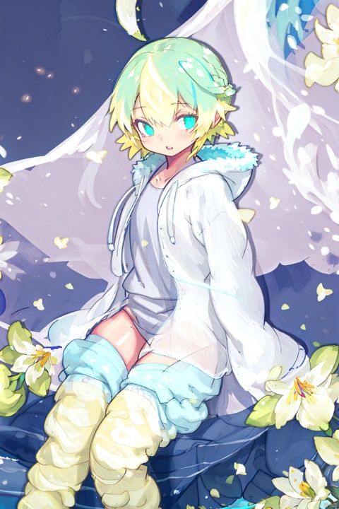 (masterpiece, extremely detailed 8k wallpaper,best quality), (best illumination, extremely delicate and beautiful), finely detail, Depth of field (bloom), 1girl, solo, full_body, thick-thighs, thighhighs, (yellow_hair, green_hair, blue_hair, colorful_hair), short_hair, pajamas, hoodie, duck, fur, w-sitting, loli, cosplay, lily, 2qhuafeng, 