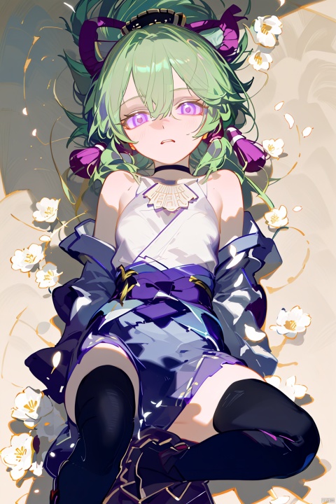 (masterpiece, extremely detailed 8k wallpaper,best quality), (best illumination, best shadow, extremely delicate and beautiful), finely detail, Depth of field (bloom), 1girl, genshin, shy, bare arms, lying, laying_in_bed, flowers, kuki shinobu, solo,green hair,ponytail,hair ornament, purple eyes, thighhighs, fishnets, full_body, jy