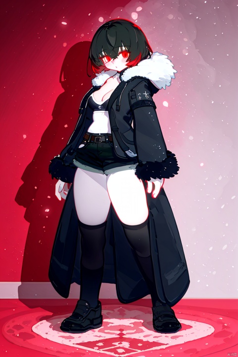  (masterpiece, extremely detailed 8k wallpaper,best quality), (best illumination, best shadow, extremely delicate and beautiful), finely detail, Depth of field (bloom), 1girl, full_body, jy, white_fur, (fur_collar), (black_coat), black_hood, hood_up, standing, breasts, cleavage, (wariza, w-sitting), white_shirt, red_eyes, short_hair, (black_hair), short_shorts, (black_shorts), thick-thighs, thighhighs, 2qhuafeng,