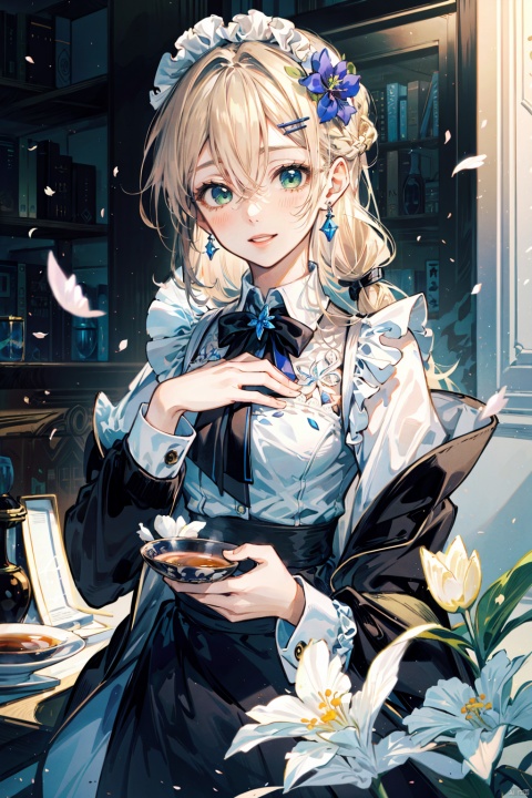 1girl, solo, long hair, looking at viewer, blush, bangs, skirt, blonde hair, shirt, hair ornament, long sleeves, bow, ribbon, hair between eyes, jewelry, green eyes, jacket, hair ribbon, white shirt, upper body, braid, flower, earrings, frills, parted lips, open clothes, hair flower, black skirt, open jacket, lips, petals, sparkle, white jacket, white flower, brooch, gem, high-waist skirt，((Masterpiece, Best quality, Highest quality, Ultra-detailed, 32k cg, High resolution)), ((extremely delicate and beautiful)), (illustration), (sharp focus), 1lady, smile, maid, ((extremely beautiful detailed anime face)), ((extremely detailed game cg characters eyes)), maid uniform, black pantyhose, hand on chest, tea cup, more_details:-1, more_details:0, more_details:0.5, more_details:1, more_details:1.5