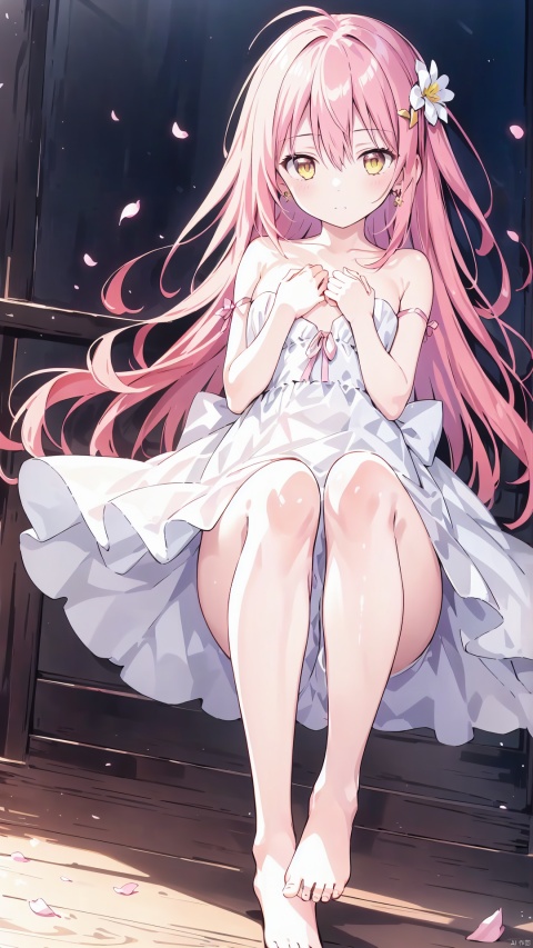 1girl, solo, long hair, looking at viewer, bangs, hair ornament, dress, ribbon, hair between eyes, bare shoulders, jewelry, very long hair, full body, yellow eyes, pink hair, flower, barefoot, white dress, petals, bare legs, strapless, strapless dress, hands on own chest, ankle ribbon