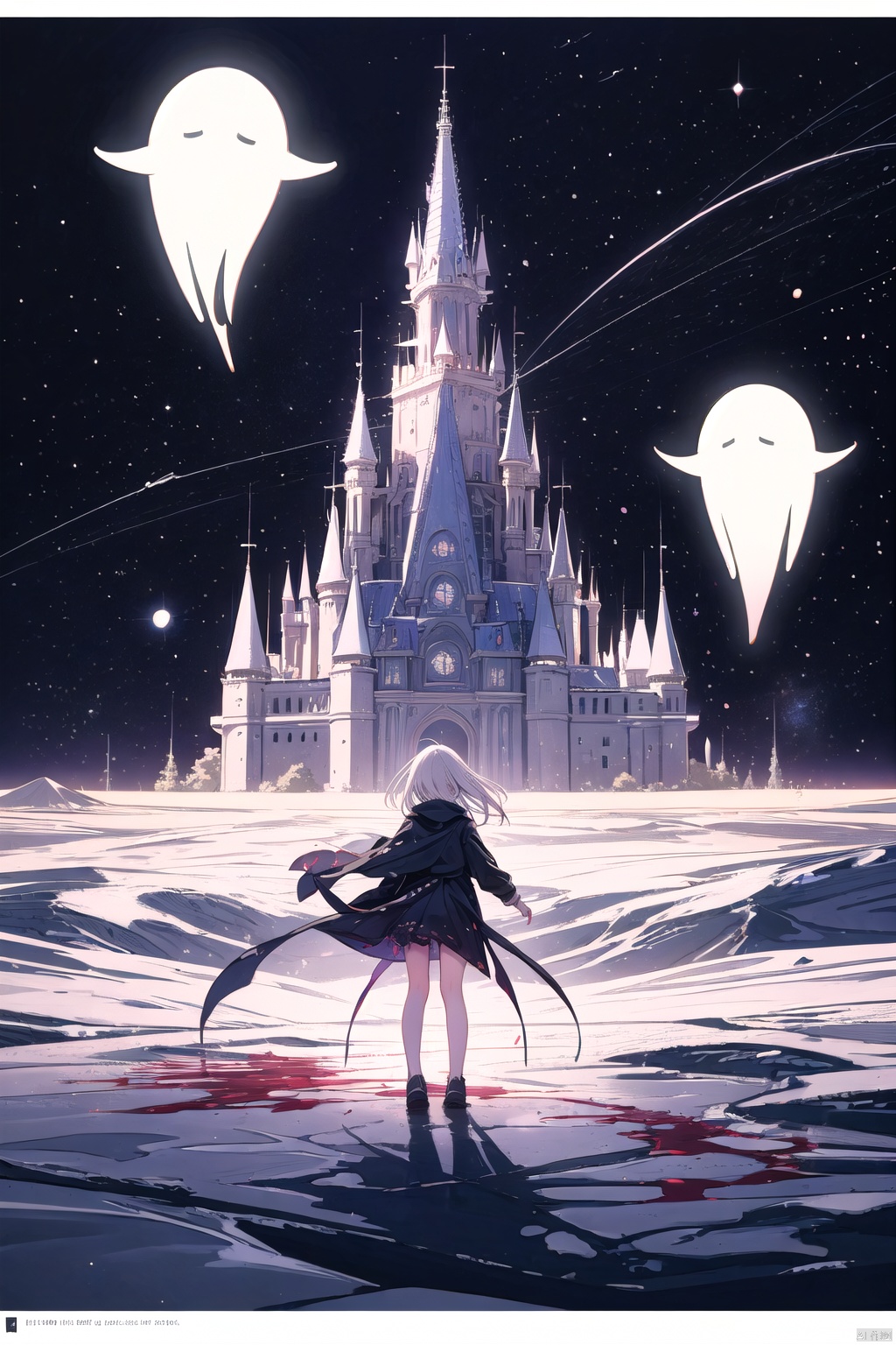  1girl, (loli:1.2), red eyes, white cape, (white hair), long hair, (red hair flower), (blood:1.2), (ghost castle:1.2), (english text), (silhouette), long bangs, evil smile, cover, text below, (distant view:1.2), ethereal dragon，(Space Horror Style:1.3),Top Quality, Ultra-Detailed, ((very fine and beautiful)), Illustration, Film Lighting, Perfect Design, ((detailed background)), ((warm light)), ((accurate background)), (chromatic aberration), (depth of field)), dancing light, Illustration
Light particles, fine dust reflecting in light, visual impact, 
Space horror, 2453 AD,Fierce attacks from jellyfish-shaped spaceships, alien invasion, dark, crew attacked, sweat ,
The fighting look, fighting back from the ground,
Two brave beautiful women, long blonde hair, blue eyes, holding weapons, confronting, sweat, cool, horror-toned dark tones, small lighting, alien silhouette in distance, glowing eyes,
Cold winter, wind blowing, snow falling, bench three cats, something is about to happen, disturbing, lucky, trouble, fun, sunset,
dynamic angle, dynamic pose, sharp focus, Strong wind blowing, 
,starrystarscloudcolorful,