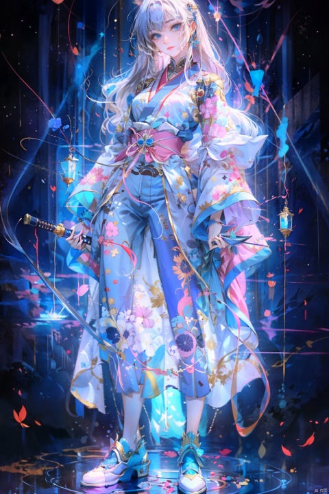  1 girl, holding a Japanese sword, not looking at the camera, three-dimensional facial features, Asian face, bangs, long hair, solo, blue eyes, holding, glow, robot, mecha, science fiction, open_ Hand, movie lighting, strong contrast, high level of detail, best quality, masterpiece, spirit, crystal_ Dress, crystal, with white, blue, and silver as the main color tones Kimono, Hanfu, clouds, with a background of an Eastern dragon (with high-precision details)., long, Chinese style, sdmai