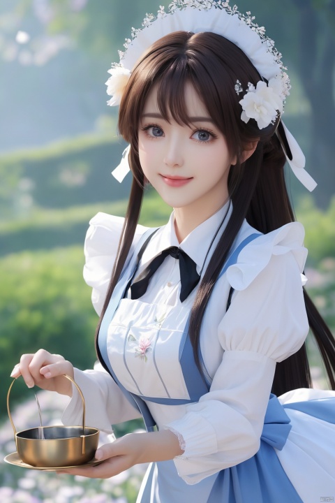 ((Masterpiece, Best quality, Highest quality, Ultra-detailed, 32k cg, High resolution)), ((extremely delicate and beautiful)), (illustration), (sharp focus), 1lady, smile, maid, ((extremely beautiful detailed anime face)), ((extremely detailed game cg characters eyes)), maid uniform, black pantyhose, hand on chest, tea cup, more_details:-1, more_details:0, more_details:0.5, more_details:1, more_details:1.5