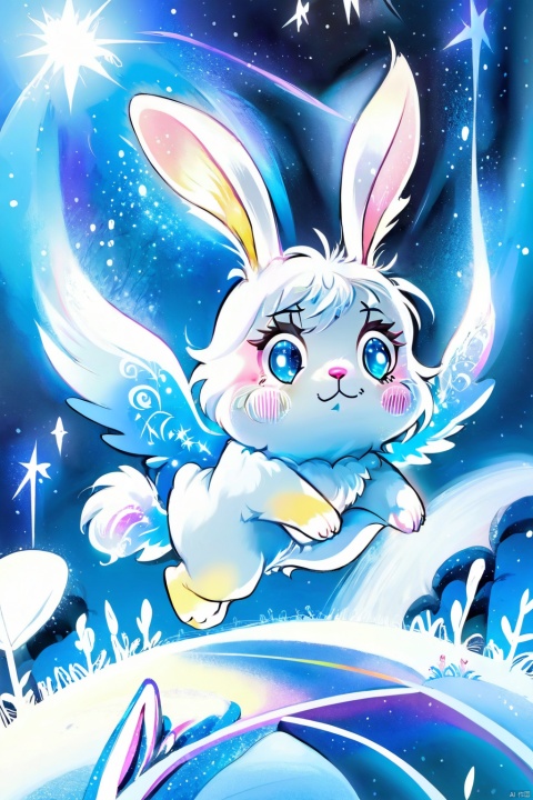 no humans, 1 animal, cute rabbit, white rabbit, fluffy, bipedal, wings on the rabbit's back, blue eyes,
Frozen Tundra background,Polar Night Sky,Fluffy snow, snowing,starlight, star,Horrible unknown,Kawaii, cute, pretty, anime, pastel, neon