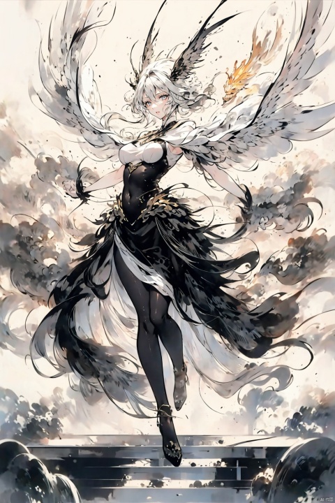  A young woman dances with a phoenix under the moonlight,the phoenix's wings glowing like flowing flames,and the young woman's skirt sways gently with her steps,their harmony resonating like celestial music,