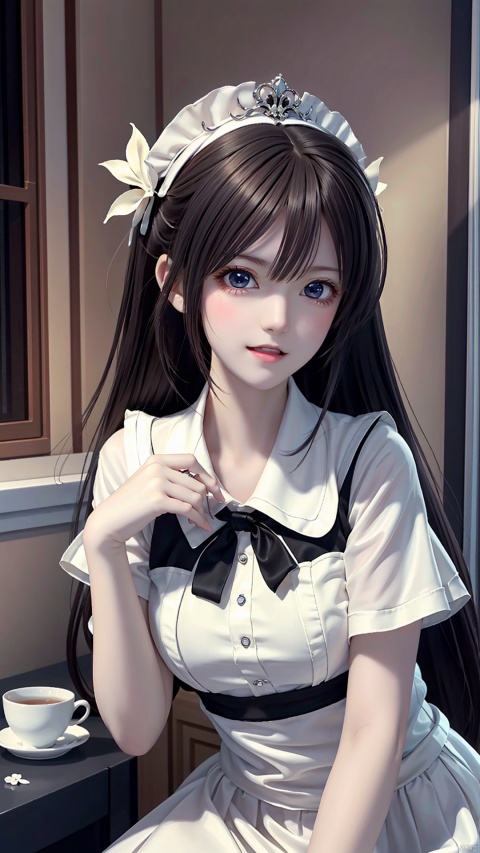 ((Masterpiece, Best quality, Highest quality, Ultra-detailed, 32k cg, High resolution)), ((extremely delicate and beautiful)), (illustration), (sharp focus), 1lady, smile, maid, ((extremely beautiful detailed anime face)), ((extremely detailed game cg characters eyes)), maid uniform, black pantyhose, hand on chest, tea cup, more_details:-1, more_details:0, more_details:0.5, more_details:1, more_details:1.5