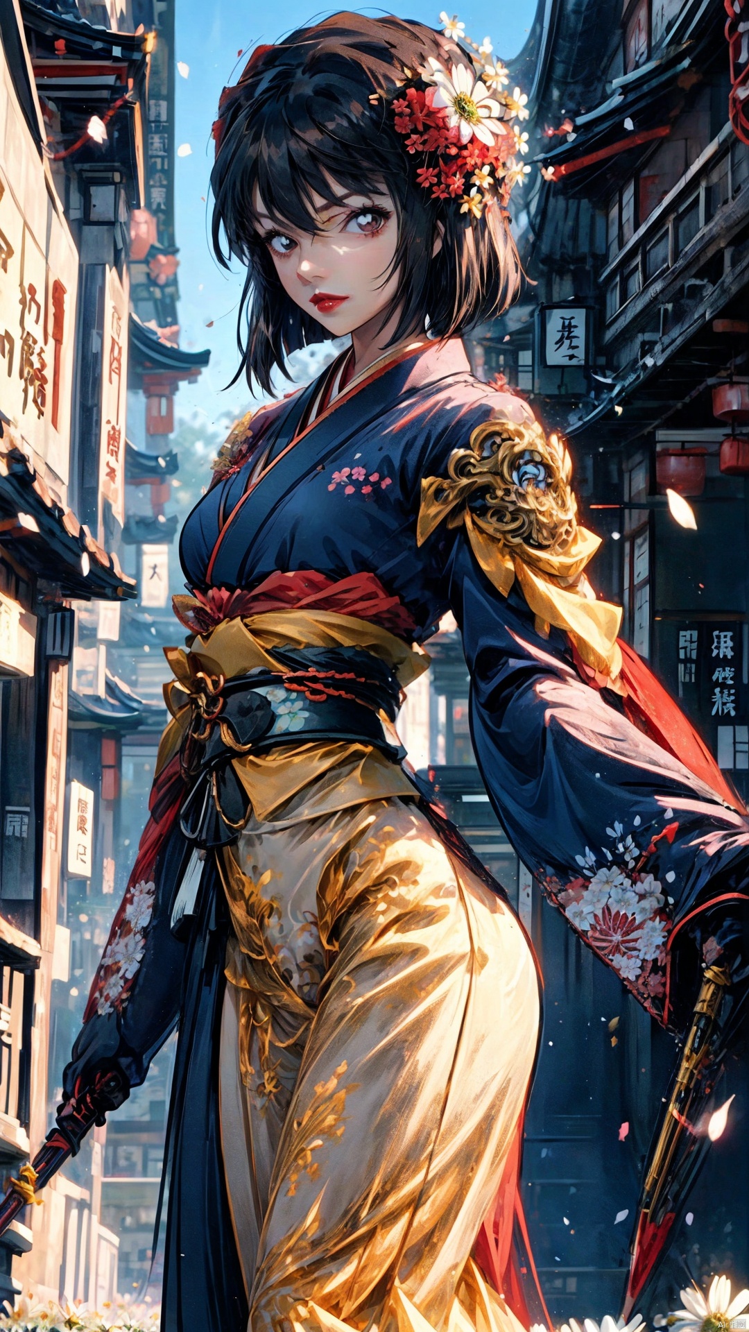 a beautiful anime character with an ornate costume poses amid blooming daisies, 1girl, flower, solo, hair ornament, holding, black hair, hair flower, looking at viewer, kimono, japanese clothes, red lips, holding weapon, weapon, sash