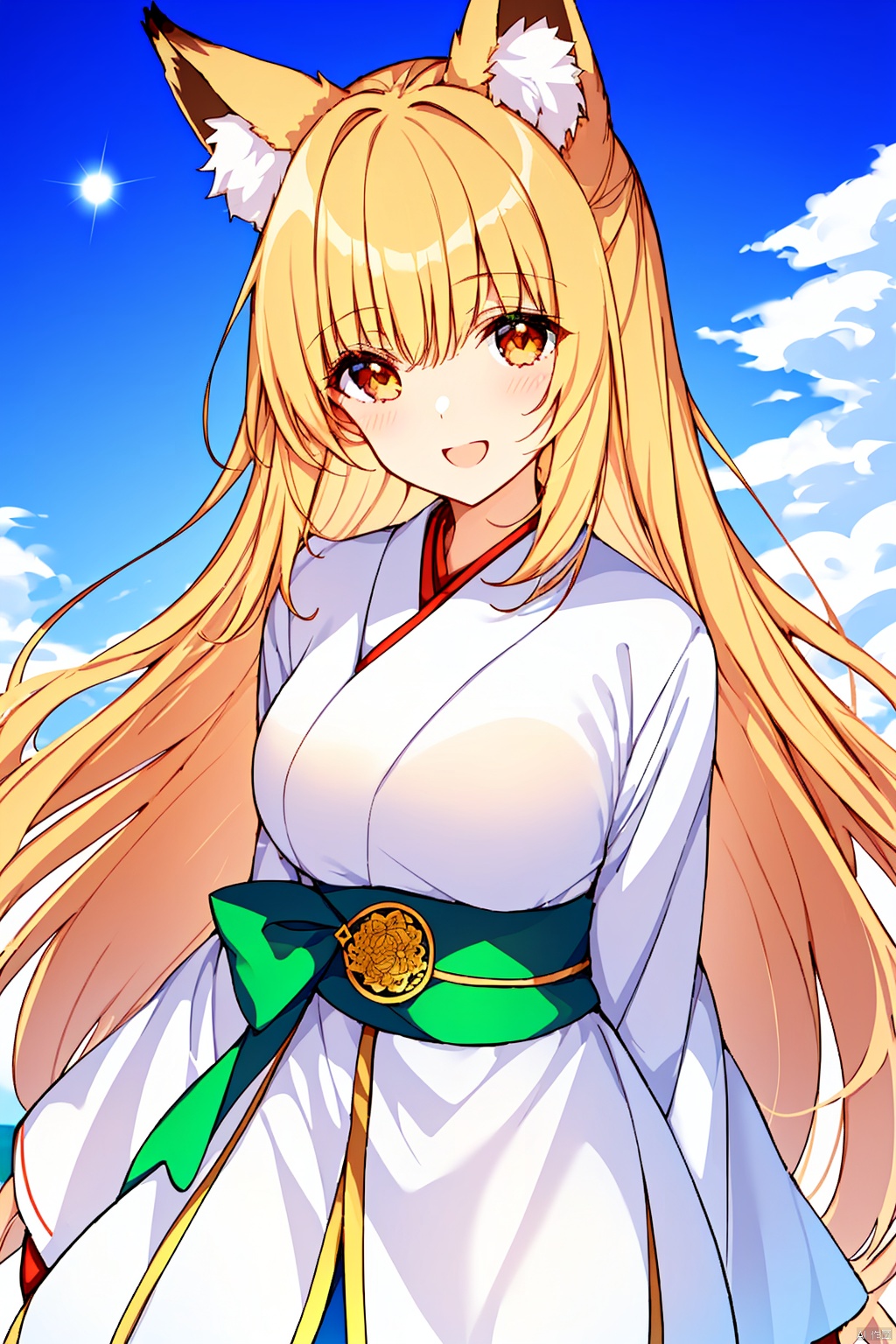 A woman (a familiar face) wearing the magical symbols of the shining sun, clear sky, fine swirls and perfect wind: hills, fox ears, fox tail, clear skies, the mystery of the Japanese wind, the beauty of tranquility A cute fantasy world based on smiles, dignity, Celestia, and white and green.