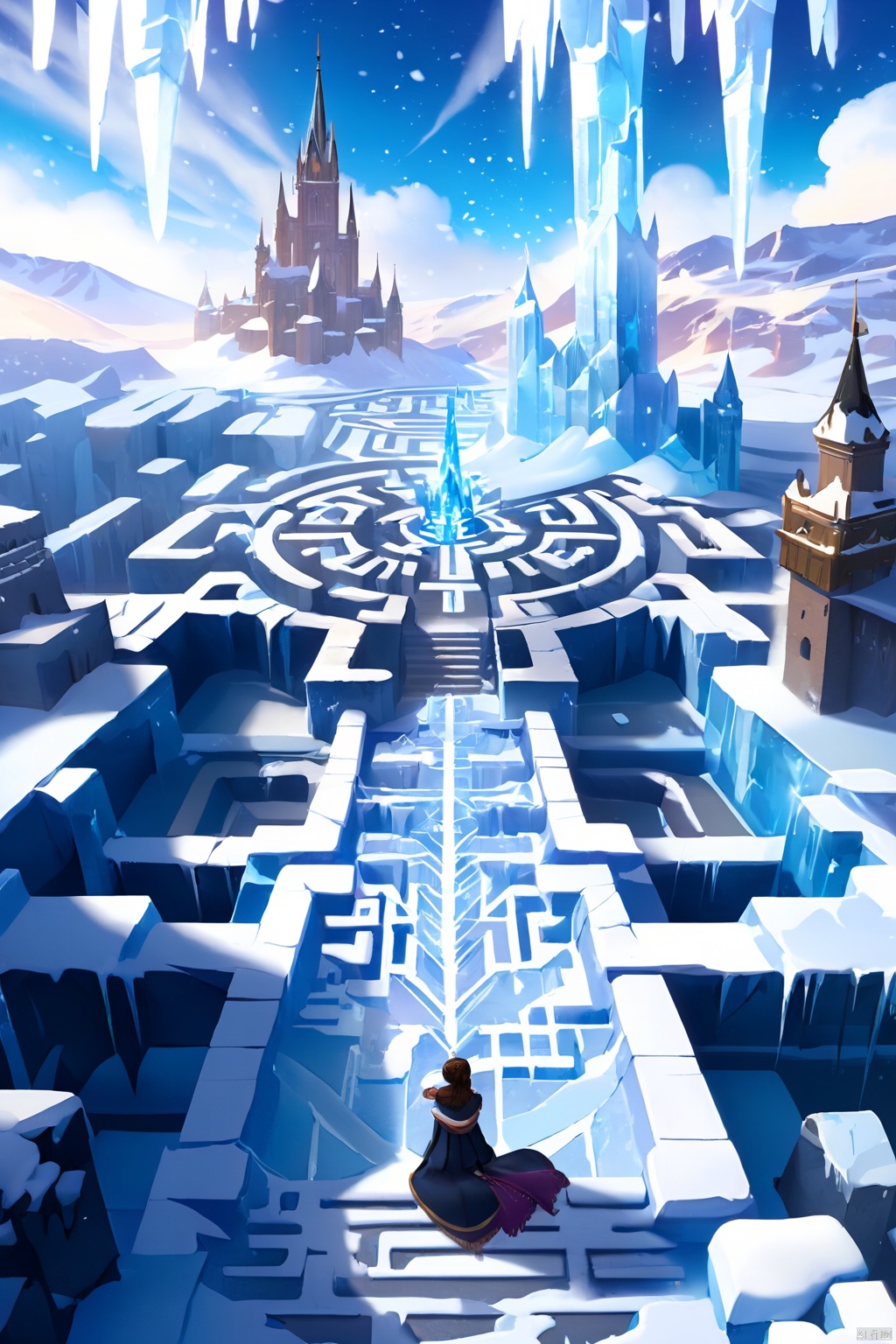  A frozen labyrinth of ice and icicles formed an intricate labyrinth structure. On the walls of the labyrinth, ice crystals hung from the ice, giving off a cold glow，Snowy city center.
BREAK
A black-haired woman sits alone, wearing a blue coat with a white, fluffy collar. She smiles warmly, looking up at the sky. Her eyes are blue, reflecting the sky. She seems nostalgic or hopeful.
BREAK
Skyscrapers tower over the street, where cars and people come and go. She spends her time quietly, in contrast to the hustle and bustle of the city.
BREAK
The snow falls, creating a white carpet around her. The snow accumulates on her skin and clothes, but she doesn't mind. She likes this place, where she can listen to her heart and get closer to her dreams.
BREAK
She doesn't move yet. She still looks at the sky. She still looks beautiful.

