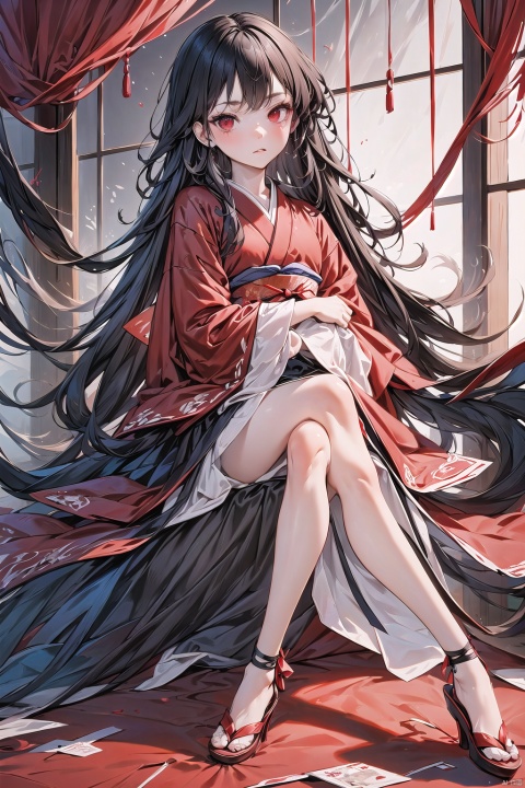 Japanese cursed doll in a transparent box, black long hair, red kimono, evil look, black eyes, porcelain skin, sitting upright - with crossed legs, antique doll, in a dark room, horror,