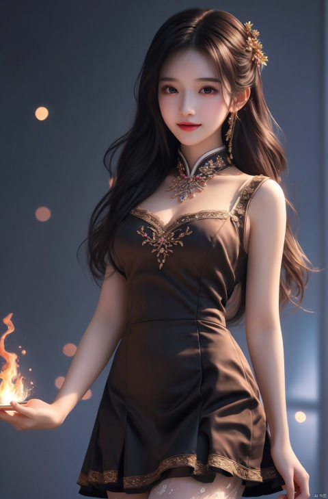  masterpiece, 1 girl, Look at me, Long hair, Flame, A magical scene, glowing, Floating hair, realistic, Nebula, An incredible picture, The magic array behind it, Stand, textured skin, super detail, best quality, ,,dress,, Light master, sunyunzhu, 1girl, chijian, (\xing he\), jewels，((Masterpiece, Best quality, Highest quality, Ultra-detailed, 32k cg, High resolution)), ((extremely delicate and beautiful)), (illustration), (sharp focus), 1lady, smile, maid, ((extremely beautiful detailed anime face)), ((extremely detailed game cg characters eyes)), maid uniform, black pantyhose, hand on chest, tea cup, more_details:-1, more_details:0, more_details:0.5, more_details:1, more_details:1.5