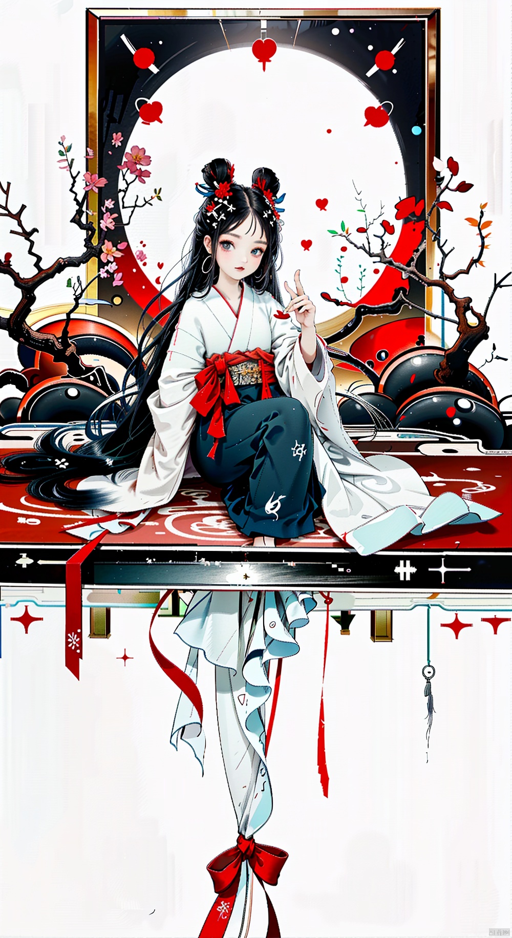 Japanese cursed doll in a transparent box, black long hair, red kimono, evil look, black eyes, porcelain skin, sitting upright - with crossed legs, antique doll, in a dark room, horror,