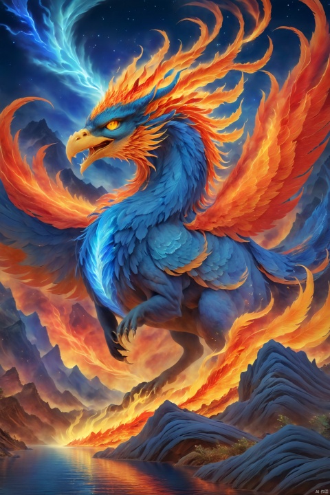 absurd, ((high-resolution)), ultra detailed, artistic illustration, 8k, (intricate detailed design), vivid colors,  phoenix Phantom beast, blue and red fire anura, glowing eyes, unexplored mountain, (Eruption: 1.1), starlight lake, reflection stars, night, abyssal, darkness, Blue flame and red flame color theme, fractal, psychedelic, whimsical