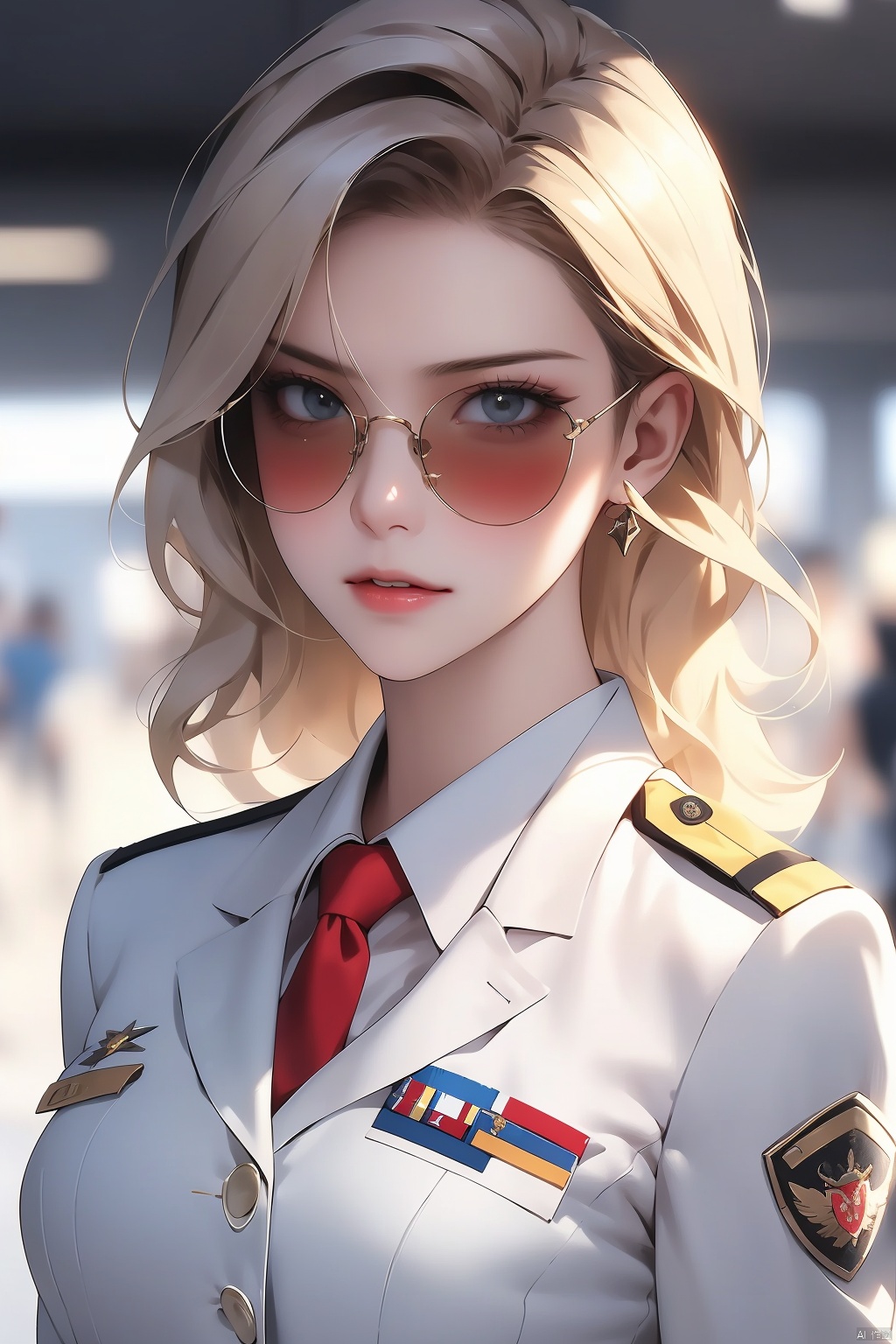  masterpiece,best quality,1girl,in uniform,flight attendant，blonde hair, sunglass, pocket, white suits, red tie, smile, anger, look at viewer, rounded shoulders, woman