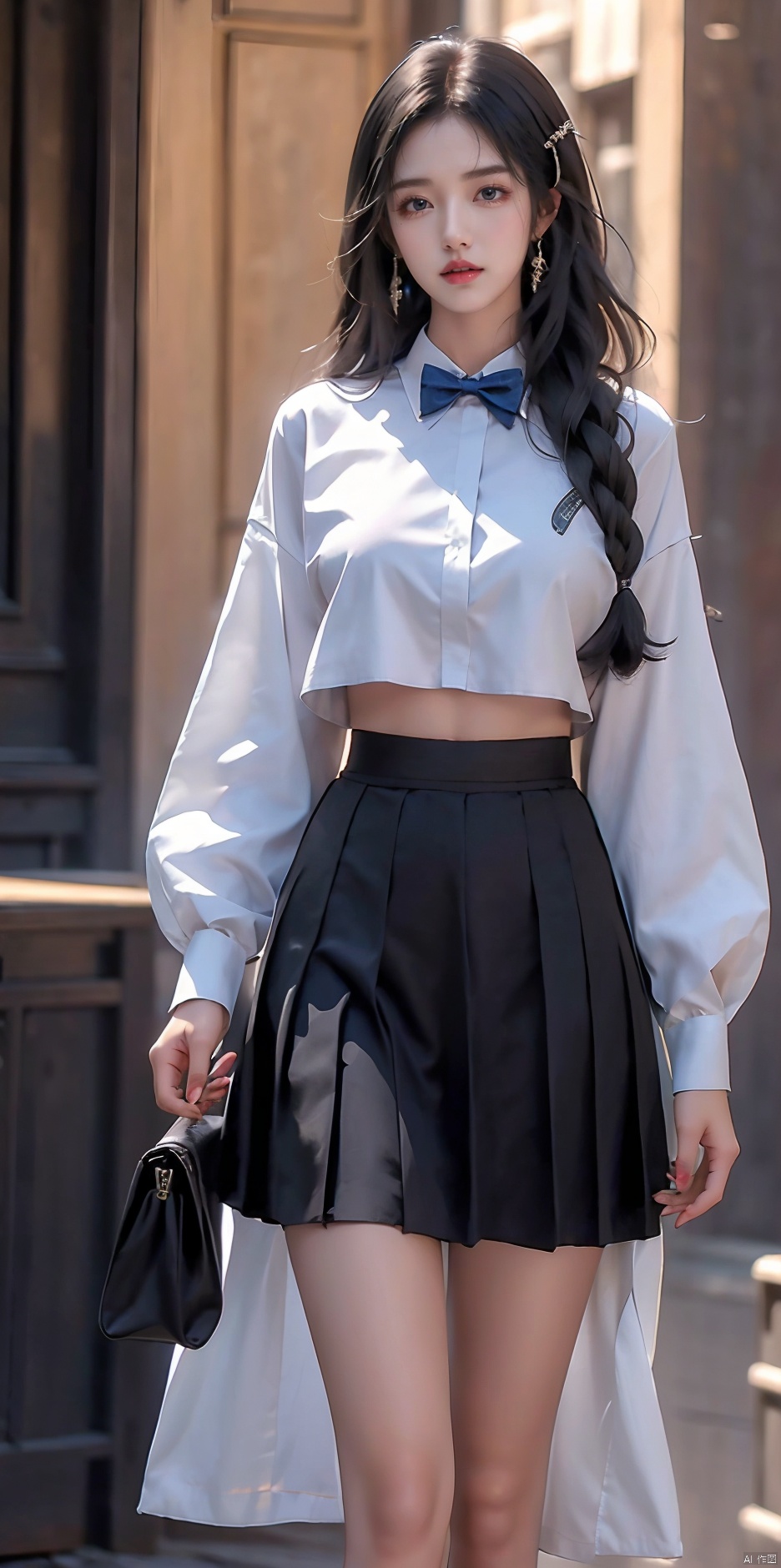 School uniform, one black tie, school uniform, blue skirt, bag pack, perfect body, large chest, perfect chest, large hips, perfect hips, Nico Robin