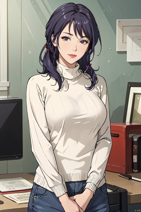 ((masterpiece)), ((best quality)), ((highest quality)), ((ultra-detailed)), ((8k cg wallpaper)), ((extremely delicate and beautiful)), ((illustration)), (high resolution), 1lady, black hair, straight hair, smile, turtleneck sweater, medium breasts, office, looking at viewer, more_details:-1, more_details:0, more_details:0.5, more_details:1, more_details:1.5