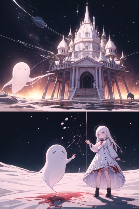  1girl, (loli:1.2), red eyes, white cape, (white hair), long hair, (red hair flower), (blood:1.2), (ghost castle:1.2), (english text), (silhouette), long bangs, evil smile, cover, text below, (distant view:1.2), ethereal dragon，(Space Horror Style:1.3),Top Quality, Ultra-Detailed, ((very fine and beautiful)), Illustration, Film Lighting, Perfect Design, ((detailed background)), ((warm light)), ((accurate background)), (chromatic aberration), (depth of field)), dancing light, Illustration
Light particles, fine dust reflecting in light, visual impact, 
Space horror, 2453 AD,Fierce attacks from jellyfish-shaped spaceships, alien invasion, dark, crew attacked, sweat ,
The fighting look, fighting back from the ground,
Two brave beautiful women, long blonde hair, blue eyes, holding weapons, confronting, sweat, cool, horror-toned dark tones, small lighting, alien silhouette in distance, glowing eyes,
Cold winter, wind blowing, snow falling, bench three cats, something is about to happen, disturbing, lucky, trouble, fun, sunset,
dynamic angle, dynamic pose, sharp focus, Strong wind blowing, 
,starrystarscloudcolorful,