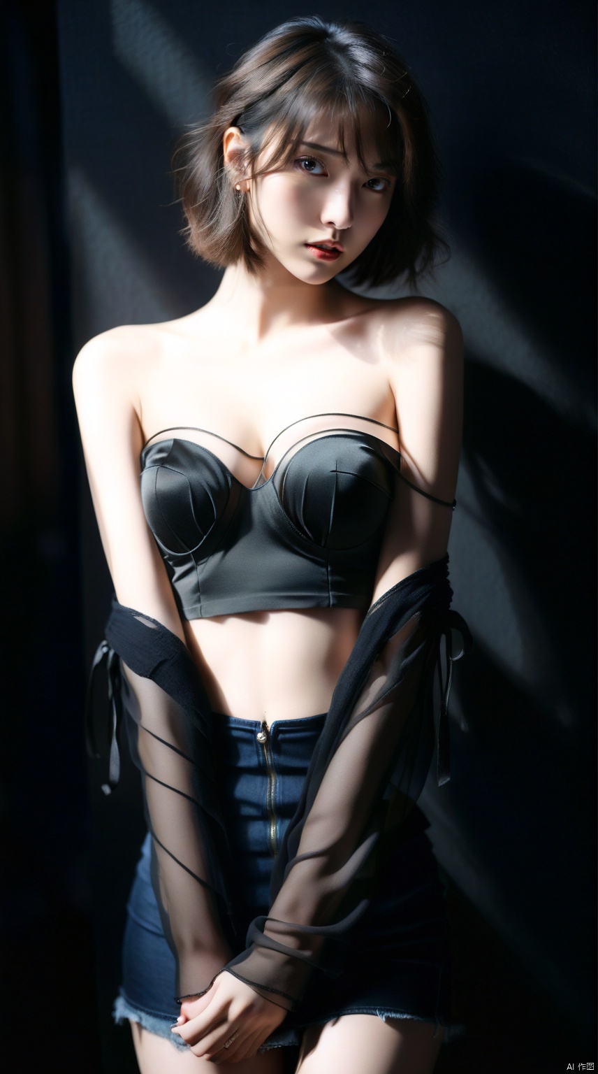 Best quality, masterpiece, ultra high res, (photorealistic:1.5), raw photo, 1girl, offshoulder, in the dark, deep shadow, low key, cold light, sexy look, short hair,xxmixgirl,yinglight, Half body photo,