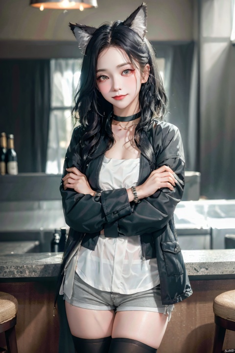 (female): solo, (perfect face), (detailed outfit), (20 years old), cool female, (wolf ears), confident, (smirking), (crossed arms, hand in own hair), black hair, short hair, curly hair, grey eyes, pale skin, large chest_circumference, (black jacket, grey shirt), (black shorts, black thighhighs), (sunglasses), (bracelet), (choker)

(background): from front, indoor, (bar), (counter), (stools), (bottles), (lights), evening, (clear)

(effects): (masterpiece), (best quality), (sharp focus), (depth of field), (high res)