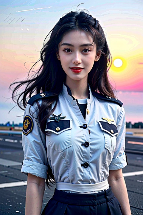  (Best quality, 8k, 32k, Masterpiece, UHD:1.2), (realistic:1.5), (masterpiece, Extremely detailed CG unity 8k wallpaper, best quality, highres:1.2), (ultra detailed, UHD:1.2), Photo of extremely cute and beautiful Japanese woman, (chestnut long wavy hair:1.2), *****, (detailed beautiful girl:1.4), best quality, woman, *****, (detailed US air-force pilot captain uniform:1.3), (white pilot captain shirt:1.3), (black high-waist shorts:1.3), (Beautiful sunset US air force base runway　view background:1.2), embarrassed laughing:1, looking at viewer, facing the viewer, ((perfect female body)), (narrow waist:1.2), (upper body image:1.3), slender, abs, (large breasted:1.25), frame the head, wind, dynamic pose, cinematic light, back light, detailed clothes, perfect anatomy, perfect proportion, detailed human body, stylish model pose,blonde hair, sunglass, pocket, white suits, red tie, smile, anger, look at viewer, rounded shoulders, woman