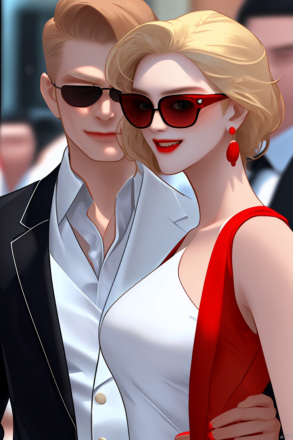 blonde hair, sunglass, pocket, white suits, red tie, smile, anger, look at viewer, rounded shoulders, woman