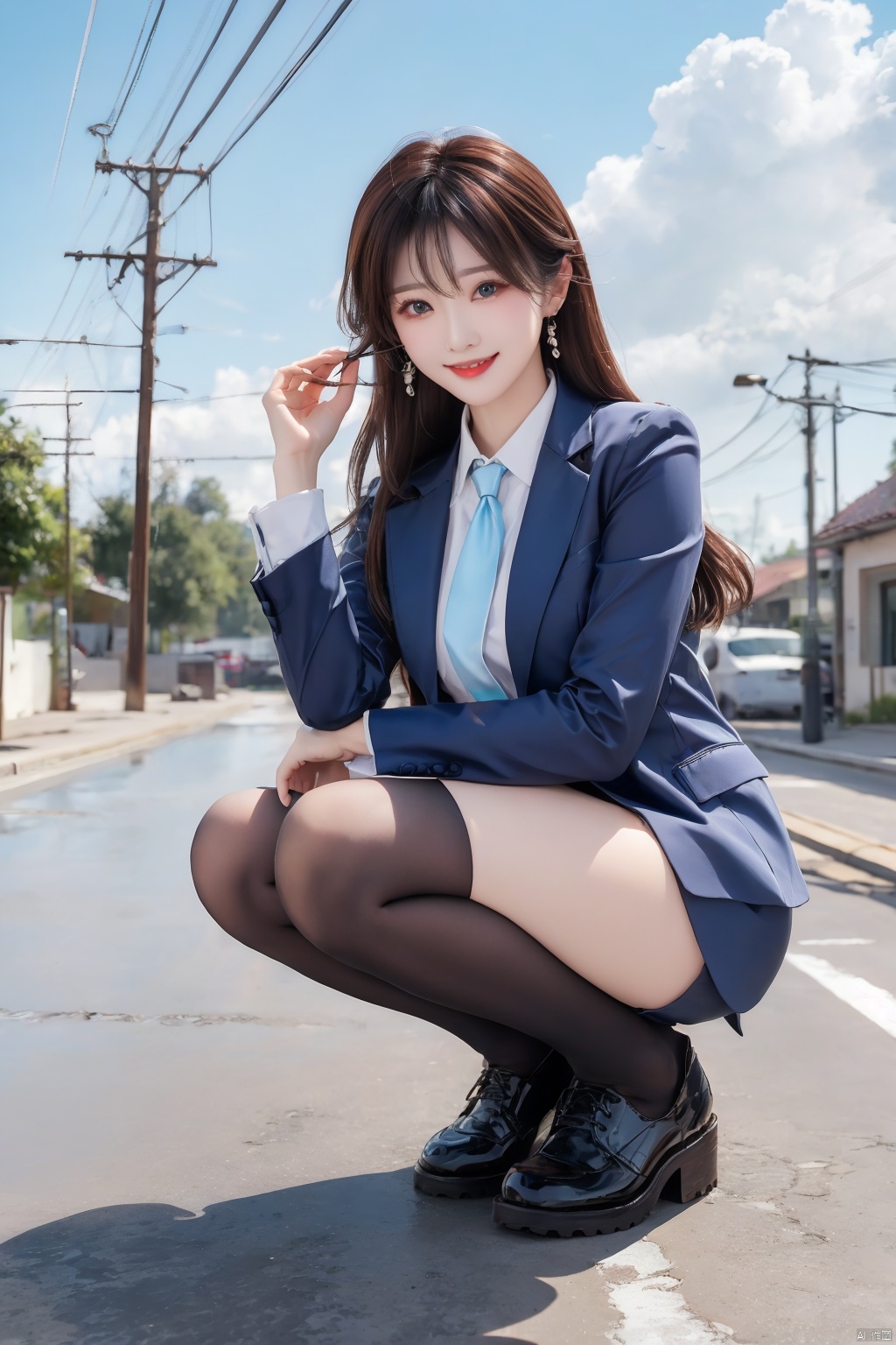  lowangle, 1girl, reflection, long hair,sky, thighhighs, cloud, looking at viewer, outdoors, black footwear, blue eyes, bangs, long sleeves, squatting, reflective floor, power lines, red thighhighs, shoes, hair between eyes, hair ornament, black thighhighs, full body, cloudy sky, reflective water, shirt, utility pole, day, sleeves past wrists, blue sky，blonde hair, sunglass, pocket, white suits, red tie, smile, anger, look at viewer, rounded shoulders, woman