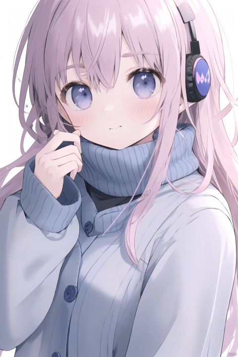  1girl, solo, long hair, breasts, looking at viewer, blush, bangs, blue eyes, simple background, brown hair, long sleeves, white background, hair between eyes, closed mouth, upper body, pink hair, v-shaped eyebrows, sleeves past wrists, headphones, cardigan, anger vein, :t, pout, headphones around neck, spoken anger vein, blue cardigan, nakano miku,1girl, solo, looking at viewer, blush, smile, bangs, blue eyes, background, hair between eyes, closed mouth, purple hair, grey hair, portrait, close-up, eye focus