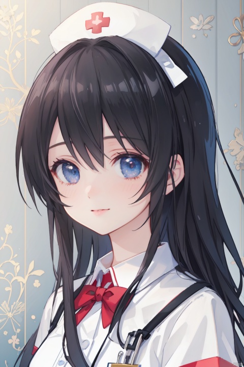 ((Masterpiece, Best quality, Ultra-detailed, Highest quality)), ((32k cg wallpaper)), ((extremely delicate and beautiful)), ((illustration)), (high resolution), 1lady, black hair, nurse, smile, ((extremely beautiful detailed anime face))((extremely detailed game cg characters eyes)), white_nurse uniform, white pantyhose, dynamic angle, hospital, more_details:-1, more_details:0, more_details:0.5, more_details:1, more_details:1.5