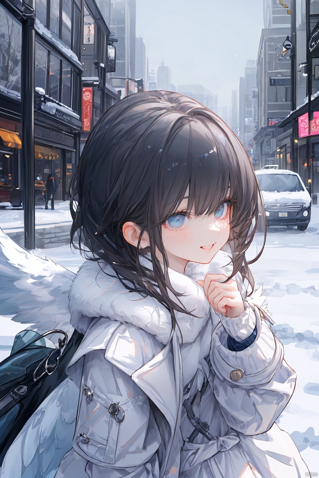  angel，Snowy city center.
BREAK
A black-haired woman sits alone, wearing a blue coat with a white, fluffy collar. She smiles warmly, looking up at the sky. Her eyes are blue, reflecting the sky. She seems nostalgic or hopeful.
BREAK
Skyscrapers tower over the street, where cars and people come and go. She spends her time quietly, in contrast to the hustle and bustle of the city.
BREAK
The snow falls, creating a white carpet around her. The snow accumulates on her skin and clothes, but she doesn't mind. She likes this place, where she can listen to her heart and get closer to her dreams.
BREAK
She doesn't move yet. She still looks at the sky. She still looks beautiful.
