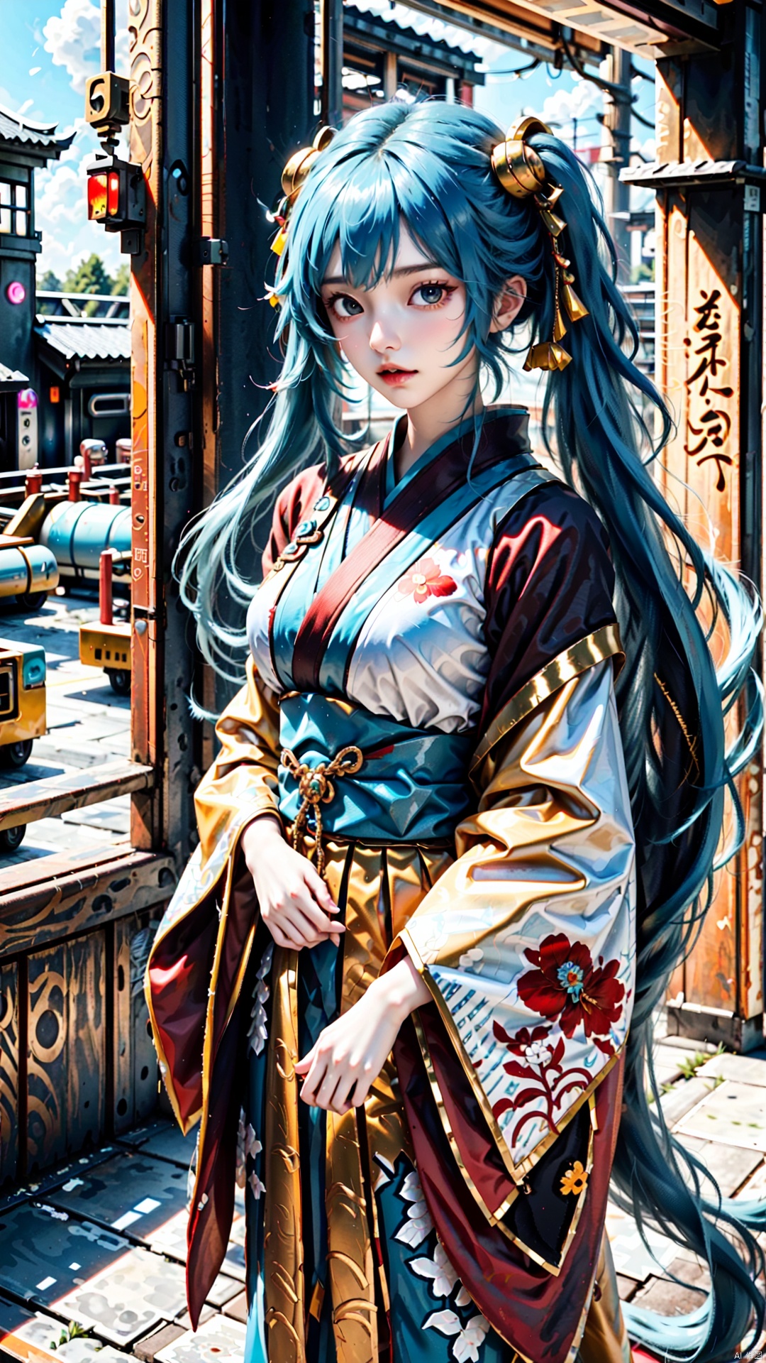  1girl, solo, long hair, hair ornament, twintails, very long hair, blue hair, standing, japanese clothes, wide sleeves, kimono, aqua hair, robot, scenery, science fiction, red kimono, hatsune miku