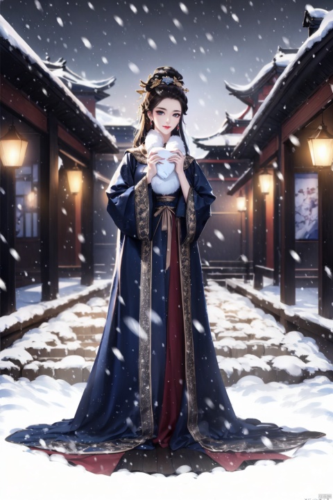  hanfu dress,a beautiful girl is standing,The Han costume of the Song Dynasty, the whole body,Flower basket,beautiful face,be affectionate,long eyelashes,high nose,Song Dynasty Hanfu, Winter, snowy days, snowfall, snow on tree tops, snow on the ground,gentle depth of field and soft bokeh,Capture the image as if it were taken on an 35mm film for added charm, looking at viewer,35mm photograph,The main color tone of the screen is blue, with a film style (aperture: f/1.4, ISO-100, focal length: 35mm), Full body, denim lens,film, bokeh, professional, 4k, highly detailed, MAJICMIX STYLE
,qtcg,full_body,1girl，Snowy city center.
BREAK
A black-haired woman sits alone, wearing a blue coat with a white, fluffy collar. She smiles warmly, looking up at the sky. Her eyes are blue, reflecting the sky. She seems nostalgic or hopeful.
BREAK
Skyscrapers tower over the street, where cars and people come and go. She spends her time quietly, in contrast to the hustle and bustle of the city.
BREAK
The snow falls, creating a white carpet around her. The snow accumulates on her skin and clothes, but she doesn't mind. She likes this place, where she can listen to her heart and get closer to her dreams.
BREAK
She doesn't move yet. She still looks at the sky. She still looks beautiful.

