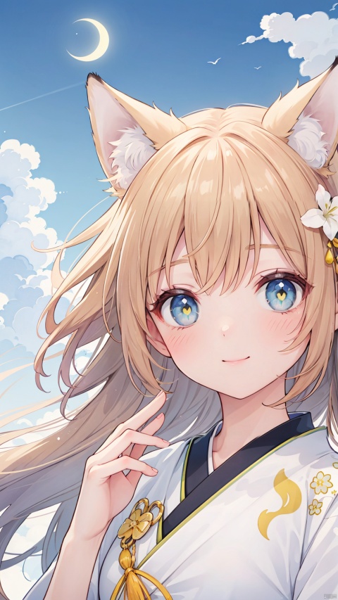 A woman (a familiar face) wearing the magical symbols of the shining sun, clear sky, fine swirls and perfect wind: hills, fox ears, fox tail, clear skies, the mystery of the Japanese wind, the beauty of tranquility A cute fantasy world based on smiles, dignity, Celestia, and white and green.