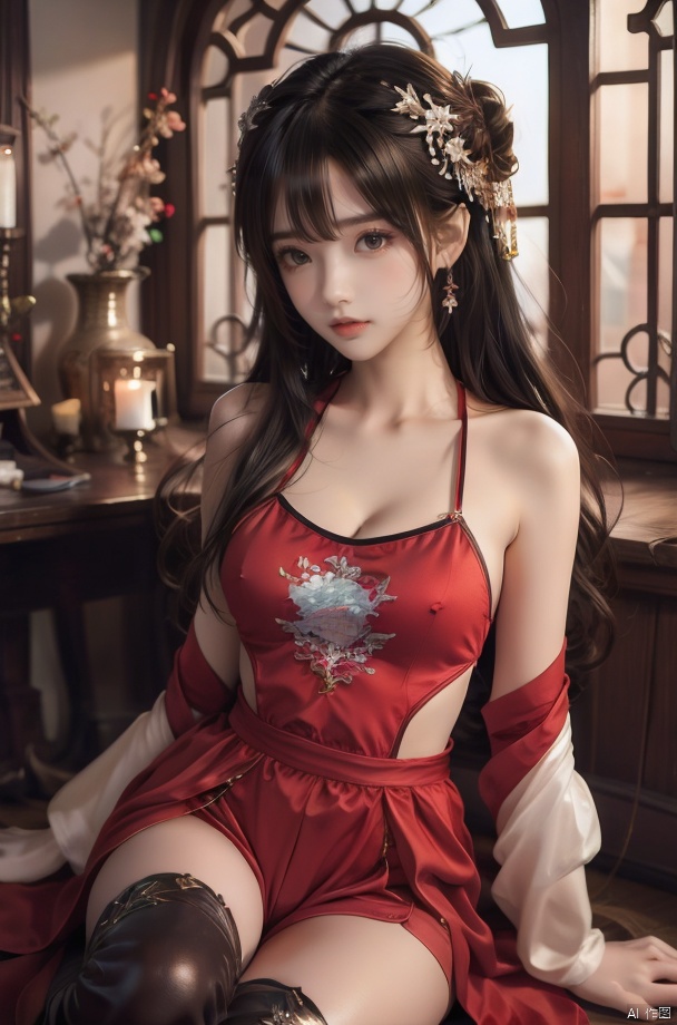  ((best quality)), ((masterpiece)), ((ultra-detailed)), extremely detailed CG, (illustration), ((detailed light)), (an extremely delicate and beautiful), girl, dress, hair ornament, red dress, solo, chinese clothes, long hair, sitting, bare shoulders, window, brown hair, hair bun, indoors, black hair,looking at viewer，Girl, hair over one eye, bangs, gloves, black shorts, earrings, boots, cleavage, single thighhigh boot, asymmetrical footwear, jacket, asymmetrical sleeve, hair ornament, dreamscape background, 